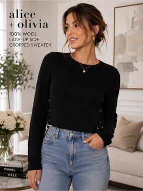Alice + Olivia Black 100% Wool Lace-Up Side Cropped Sweater Size S/P